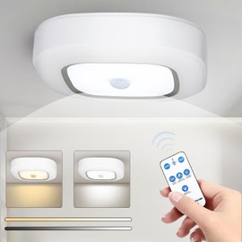 Ohnijalit Motion Sensor Light Indoor with Remote, 3000K&6000K Color Changeable Battery Powered Closet Light, 300LM Dimmable Ceiling Light for Closets Shower Garage Hallway