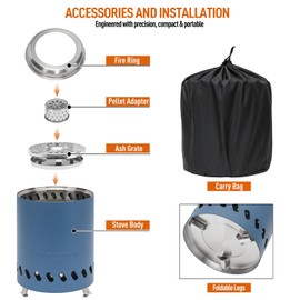 COOZOOM Portable Table Top Fire Pit with Stand, 5.5" Stainless Steel Mini Outdoor Low Smoke Burning Tabletop Firepit Fueled by Pellets or Wood, for Outside Camping Blue