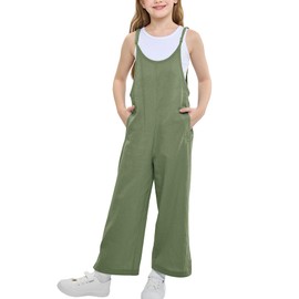 Rolanko Girls Jumpsuit Adjustable Spaghetti Strap Loose Overalls Rompers, Cotton Baggy Plain Playsuits with Pockets for Age 5-12 Years, Green, Size: 13-15 Years, 170
