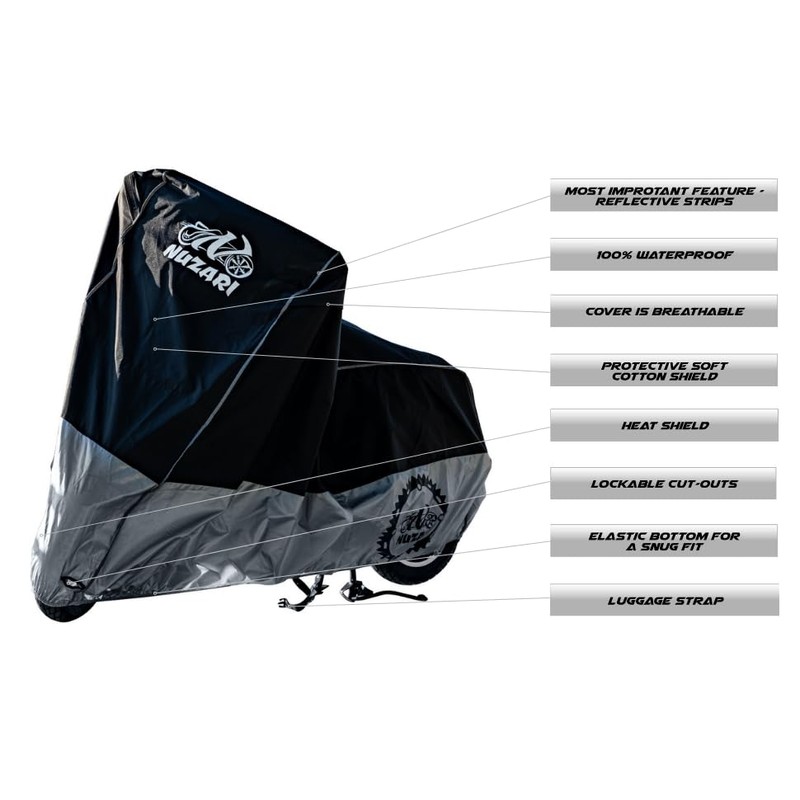 Heavy Duty Motorcycle Cover, Breathable, Reflective Strips, Elastic Bottom, Luggage