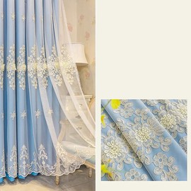 Amidoudou 1 Pair European Double Layer Curtains Luxury Embroidered Curtains for Living Room Bedroom (Blue,52x95 Inch)
