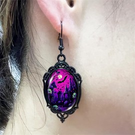 Gothic Pumpkin Cameo Earrings, Vintage Crystal Glass Pumpkin Dangle Earrings - Punk Style Dark Oval Goth Victorian Festival Jewelry for Women (D)