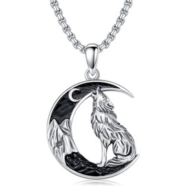 Flpruy Howling Wolf Pendant Necklace 925 Sterling Silver Black Crescent Moon with Mountain Necklace Wolf Jewelry Gifts for Men Women