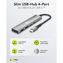 goobay USB-C Hub, 4-Port 3.2 Adapter with 5 Gbit/s, 2 x C and 2 x A Ports, Slim Aluminium Design for MacBook, Windows, Laptop, Tablet & Smartphone - 76563