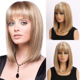 AUBWIG Women's Brown Mixed Light Blonde Bob Wigs for Women 15 Inch Short Bob Wig with Fringe Synthetic Wig Daily Party Wig Natural Looking Heat Resistant Synthetic Wig