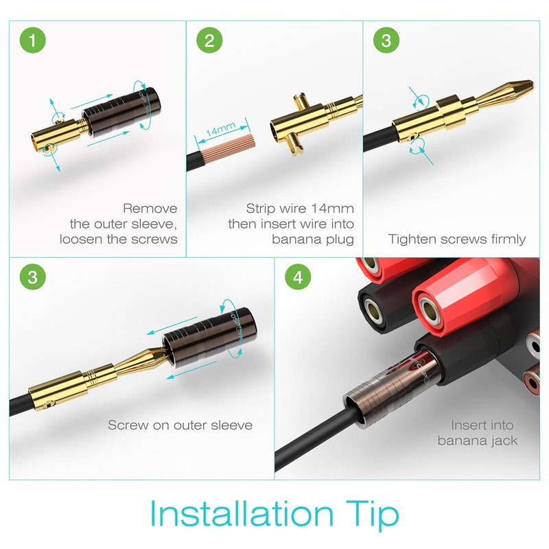 FosPower Banana Plug Connectors [Screw-in / 24k Gold Plated /