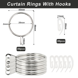 50 Pcs Metal Curtain Rings with Clips,38mm Rings and Hooks, for Curtain Poles,Shower Curtains Rods and Drapery