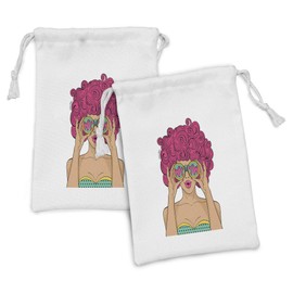 Lunarable Curly Hair Fabric Pouch Set of 2, Wow Face Funky Woman with Funny Glasses Comic Hippie Fashion Cartoon Print, Small Drawstring Bag for Toiletries Masks and Favors, 9" x 6", Multicolor