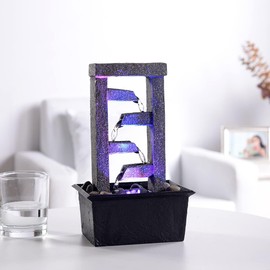 GOSSI 10" H 4 Tiered Cascading Rectangle Indoor Desktop Fountain with Natural River Rocks and RGB Color Changing LED Lights Home/Office Decoration Meditiation Resin waterfull Tabletop Fountain