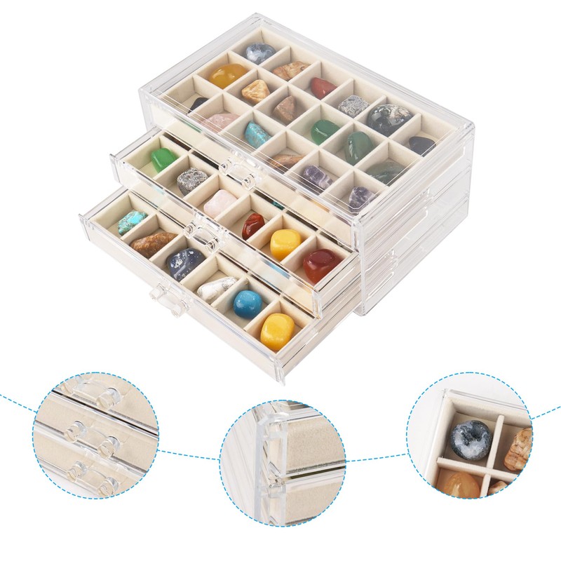 Dmnnlp Display Case for Small Rock, 3 Drawers 54 Grids(3x3.5cm),