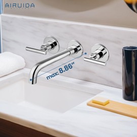 Airuida Wall Mounted Widespread Bathroom Sink Faucet Wall Mount Lavatory Faucet Vanity Sink Mixer Tap 2 Lever Handles 3 Holes 360 Swivel Spout with Brass Rough in Valve Chrome Polish