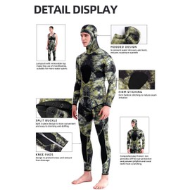 Neoprene Scuba Diving Wetsuit 3MM Winter Warm Men Hood Surfing Front Zipper Snorkeling Spearfishing Hooded Diving Suit (Camouflage Green, X-Large, 3, Millimeters)