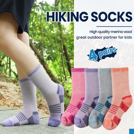 Kids Merino Wool Hiking Socks Girls Boys Teen Winter Thermal Warm Cozy Thick Cushion Boot Socks(4 Pairs Blue/Orange/Purple/Pink,4-7 Years)