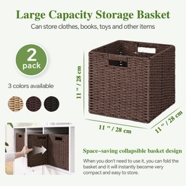 11 Inch Wicker Cube Storage Bins,Hand-Woven Paper Rope Storage Baskets, Set of 2, Foldable Square Storage Basket with Handles for Shelves, Closets, Home,Pantry, and Living Room (Dark Brown, 2 Pack)