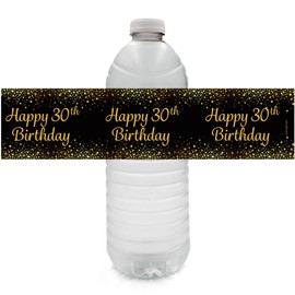 Black and Gold 30th Birthday Party Water Bottle Labels - 24 Stickers