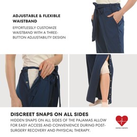 Inspired Comforts Women Tearaway Post Surgery Recovery Pajama Pants with Side Snaps & Pockets | M, Navy