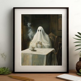 Ghost Drinking Tea, Vintage Poster, Art Poster Print, Dark Academia, Kitchen Decor, Vintage Dark Academia Gothic Victorian Poster Spooky Chic Home Decor Gift (8 X 10 INCH Print Unframed)