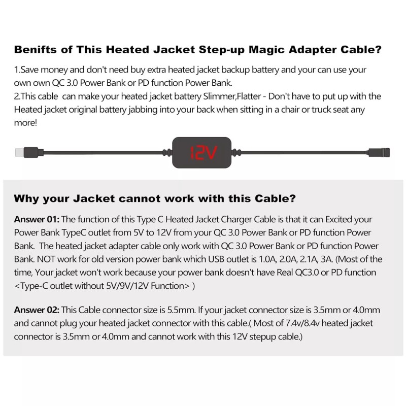 Smarkey 12V Heated Jacket Battery Step-Up Adapter Charger Cable, Type-C