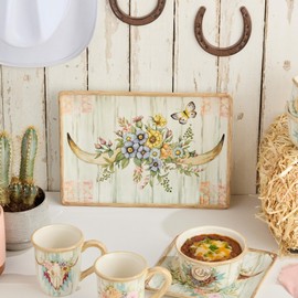 Rosewood 14x10-Inch Rectangular Platter, Western-Inspired Design with Longhorn Horns, Floral Accents & Butterfly, Rustic Wood-Grain Background, Durable Ceramic for Serving & Farmhouse Décor