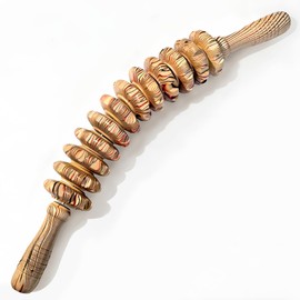 Wooden Curved Handheld Roller Massager Stick- 12 Rollers Wood Therapy Tool for Trigger Point, Fascia & Cellulite Reduction, Lymphatic Drainage, Muscle Tension Relief & Body Shaping (Wood Grain)