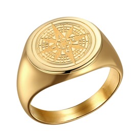 Joliernelle Compass Ring Gold for Men Stainless Steel Engraved Ring Solid Signet Ring Viking Jewelry Travel Gift Size S