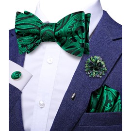 Dubulle Self Tie Bow Ties and Lapel Pin for Men Paisley Solid Mens Bowtie and Handkerchief Cufflinks Set Wedding,Emerald Green Black