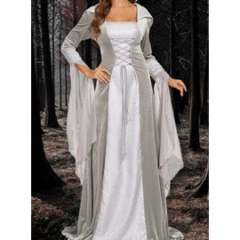 BITSEACOCO Deluxe Witch Dress Costume for Women, Vintage Embroidered Renaissance Victorian Gothic Hooded Vampire Gown Dress Cosplay (Silver, M)