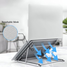 NTEK Adjustable Laptop Stand with Mesh Ventilation—Foldable & Portable Laptop Riser for Desk—Ergonomic Holder Laptops, MacBook, Tablet, Notebook—Lightweight & Sturdy Tray for Home & Office (White)
