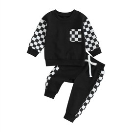 XIXIMAON Baby Boy Spring Fall Tracksuit Outfit Long Sleeve Contrast Color Pullover Stretch Jogger Pants 2pcs Newborn Checkerboard Sweatsuit Sets (Black, 0-6 Months)