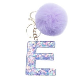 Xsclpomddy Girls Alphabet Letter Key Ring Cute Keyring Glitter with Pom Pom Tassels Resin Keychain Purple for Bag Charm, E