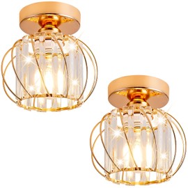 Vechoicy Gold Semi Flush Mount Ceiling Light Pack of 2, 7.5 inch Gold Metal Cage Hallway Ceiling Lamps, Farmhouse Ceiling Light Fixture, Industrial Crystal Chandelier for Bathroom Kitchen Livingroom
