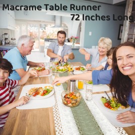 Boho Table Runner, Nature Burlap Table Runners 72 Inches Long, Green & Beige Table Runner with Tassels Farmhouse Rustic Macrame Style for Bohemian Wedding Bridal Shower Dining Table Decor (12x72in)