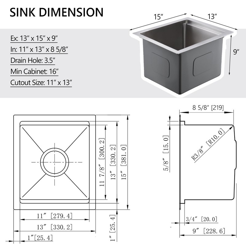 13 Stainless Undermount Bar Sink, 13 x 15 Inch Under