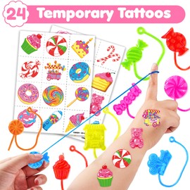 48PCS Candy Land Party Favors - 24PCS Temporary Tattoos & 24PCS Stick Hands Party - Perfect Birthday Party Supplies, Goodie Bag Stuffers, Treasure Box Toys, Classroom Prizes, and Student Gifts