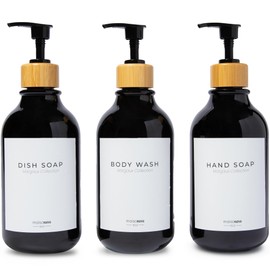 MaisoNovo Refillable Shampoo and Conditioner Bottles | 16.9 fl oz Set of 3 Black Plastic Bottles Black Bamboo Pumps