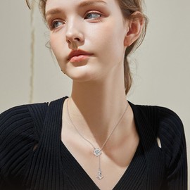 HUKKUN Guitar/Anchor Y Chain Silver 925 Women's Anchor / Guitar Plectrum Jewellery Gifts for Women, Sterling Silver