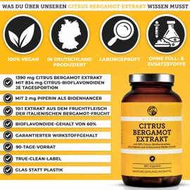 QIDOSHA® Citrus Bergamot Extract Plus Piperine, 180 Capsules in Pharmacist Glass, Citrus Bergamia Extract Capsules, German Production, Each Batch Laboratory Tested, Plus Piperine as Bioenhancer