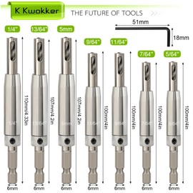 K Kwokker 8PCS Hinge Drill Bit Set, 1/4" Hex Shank High Speed Steel(HSS) Self Centering Drill Bit for Hinges Hardware Pilot Hole Drill Bit Cabinet Wood Window Door Pilot Hole Woodworking Tool(Silver)