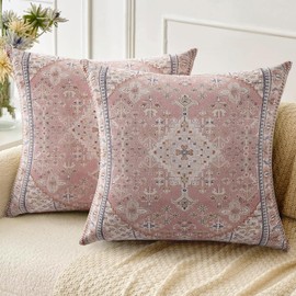 ZSYTZL Boho Throw Pillow Covers 18x18 inch Set of 2,Linen Bohemia Carpet Pattern Decorative Living Room Sofa Bed Square Pillow Case Cushion Cover-Pink