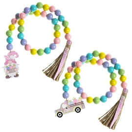 2 Pcs Easter Wood Beads Garland with Jute Rope Plaid Tassels and Gnome Tag, Colorful Spring Summer Wooden Bead Garland Rustic Farmhouse Boho Beads for Easter Tiered Tray Home Decor - Easter Carrots
