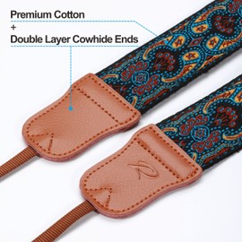 Mystical Blue Camera Strap - Double Layer Genuine Leather Ends, 2 Inch Camera Strap Made of Pure Cotton Embroidered Woven, Adjustable Universal Shoulder or Neck Strap for All Cameras, Gift for
