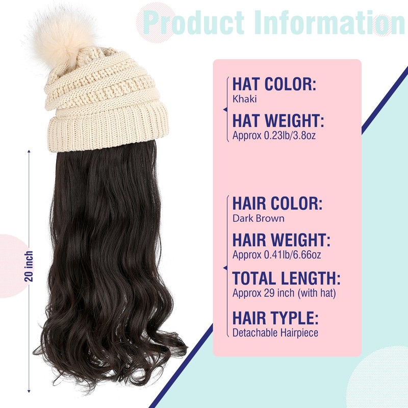 Hat Wig Beanie Hat with Hair Long Wavy Extensions Knit