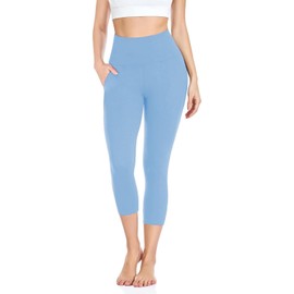 Capri Leggings for Women with Pockets - High Waisted Tummy Control No See Through Workout Soft Yoga Pants Light Blue