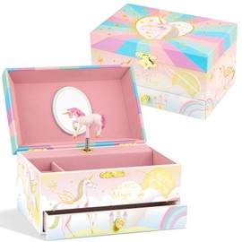 A&A Music Jewelry Box for Girls with Big Drawer Paired with Magic Unicorn Theme Rotating Playback the Tune for Beautiful Dream Pink-Purple