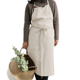 HANEE Delantal de cocina para mujeres y hombres (9 colores) Delantales de cocina de lino con bolsillo, Beige, 39"(W) X 39"(H)
