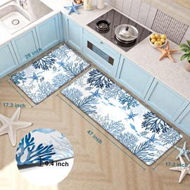 Kitchen Mats for Floor Cushioned Anti Fatigue Sets of 2 Coastal Kitchen Rugs Non Slip Waterproof Nautical Foam Kitchen Floor Rug Beach Theme Coral Fish Comfort Standing Mat for Sink Laundry, Blue