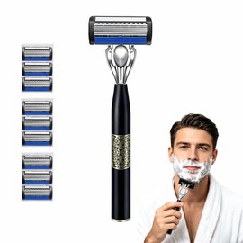 GUIBELL Rastrillo Manual para Hombres, Afeitadora con Cuchillas Calidad | Afeitado facial y corporal para hombres, 7 cuchillas, mango acero inoxidable, 9 hojas repuesto