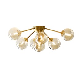 KCO Lighting 7-Lights Mid Century Modern Flush Mount Ceiling Light Overhead Amber Glass Globe Sputnik Chandelier Ceiling Light Fixture Brass Gold Bedroom Living Room Ceiling Lighting