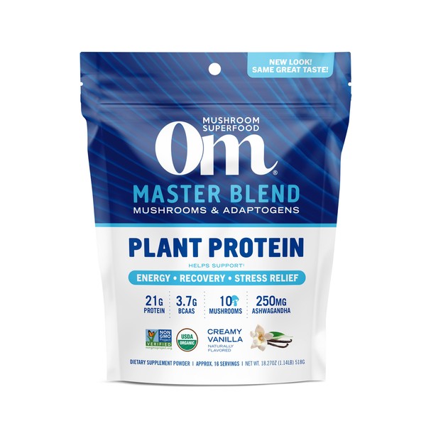 Om Mushroom Superfood Master Blend Plant-Based Protein Powder, 18.27 Ounce, 14 Servings, Creamy Vanilla Protein with 10 Mushroom Complex, Lions Mane, Adaptogens for Optimal Health and Recovery