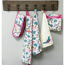 RHS - Oven Gloves, Insulated and Heat Resistant, Double Oven Glove Mitts, Organic Cotton, Stone with Botanical Bird Design